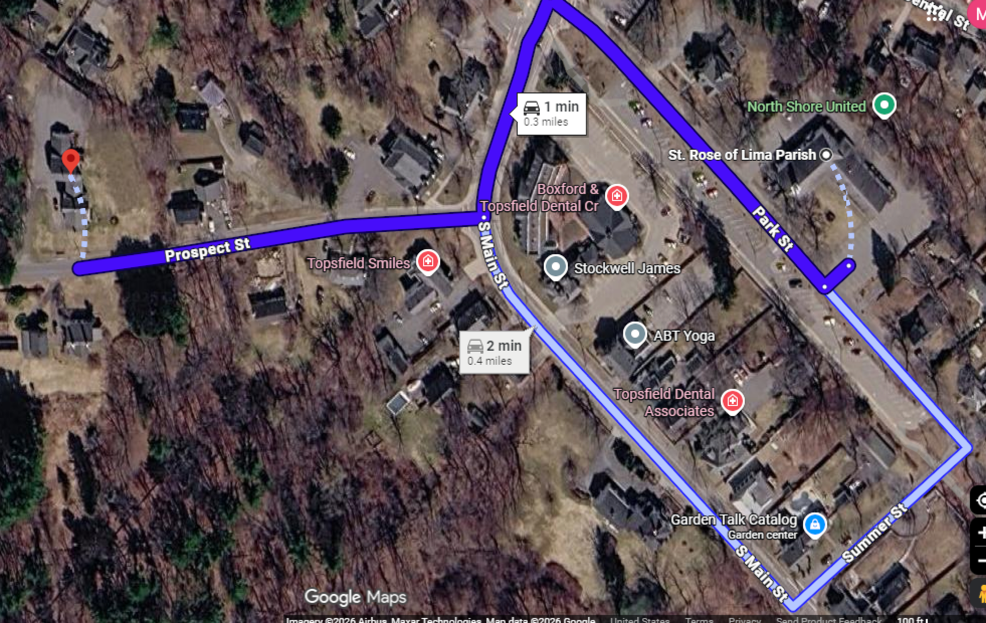 map from St. Rose to 17 Prospect St 