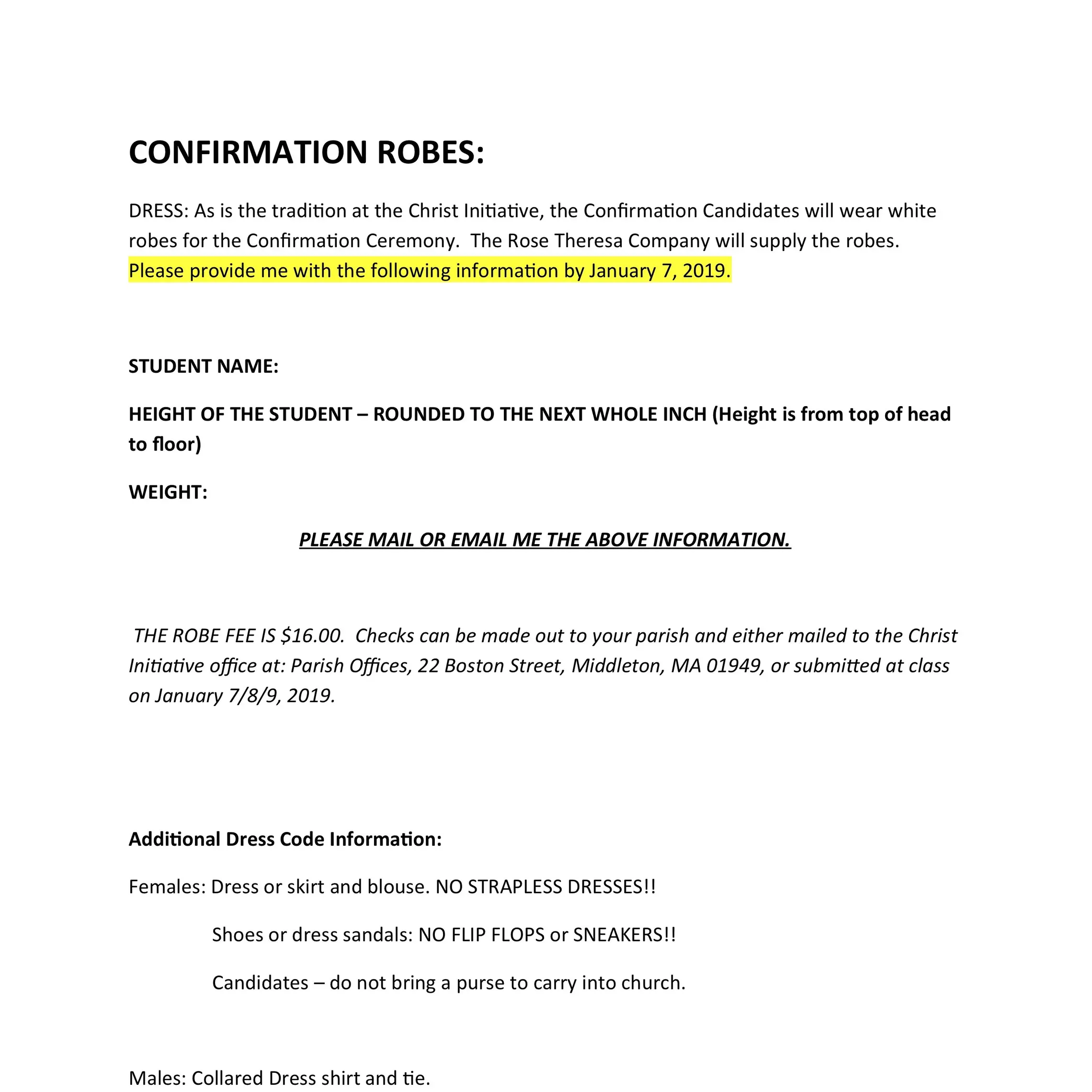 Confirmation  Robe Form